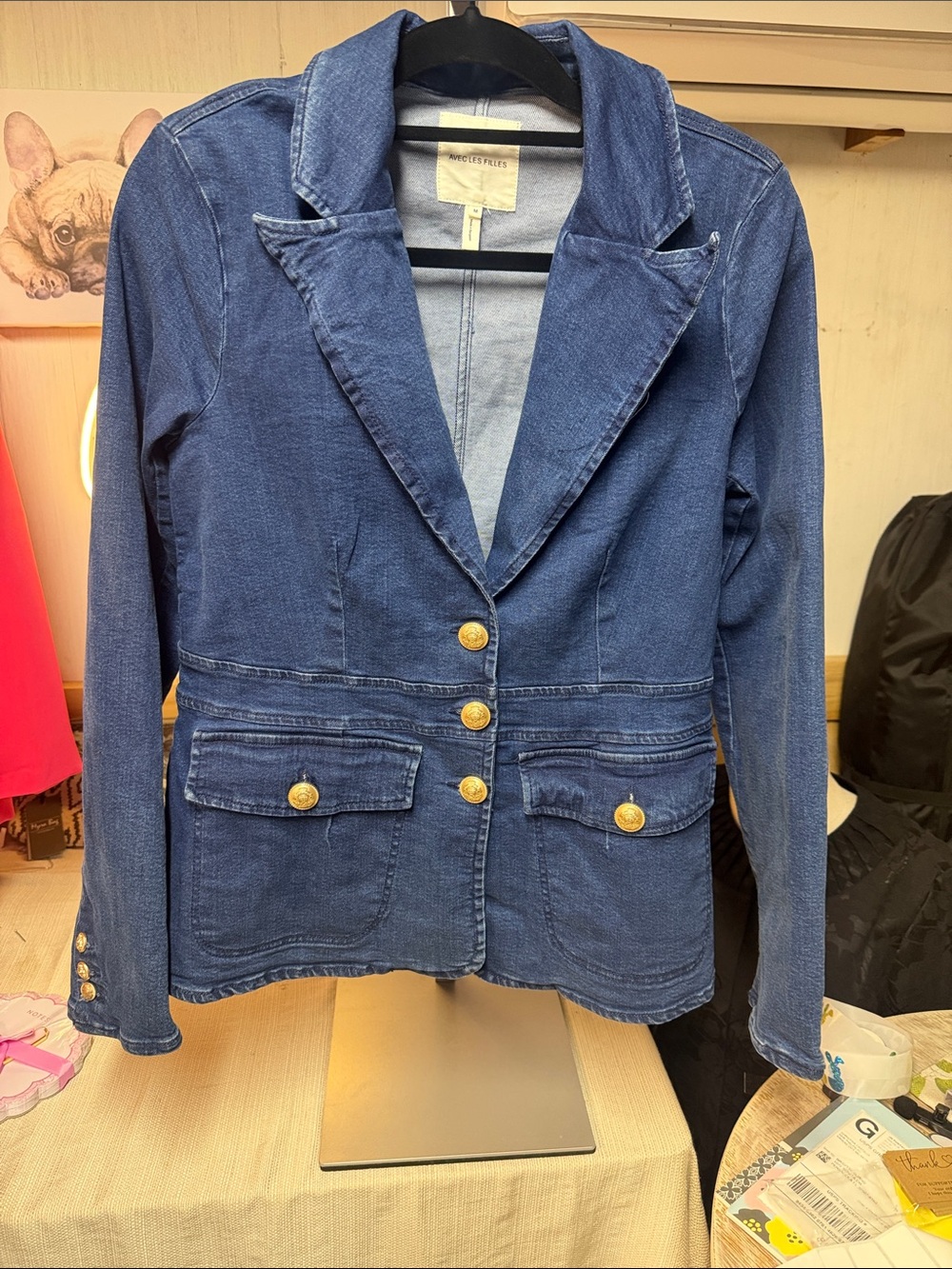 Avec Les Filles Navy Denim Blazer with Gold Buttons